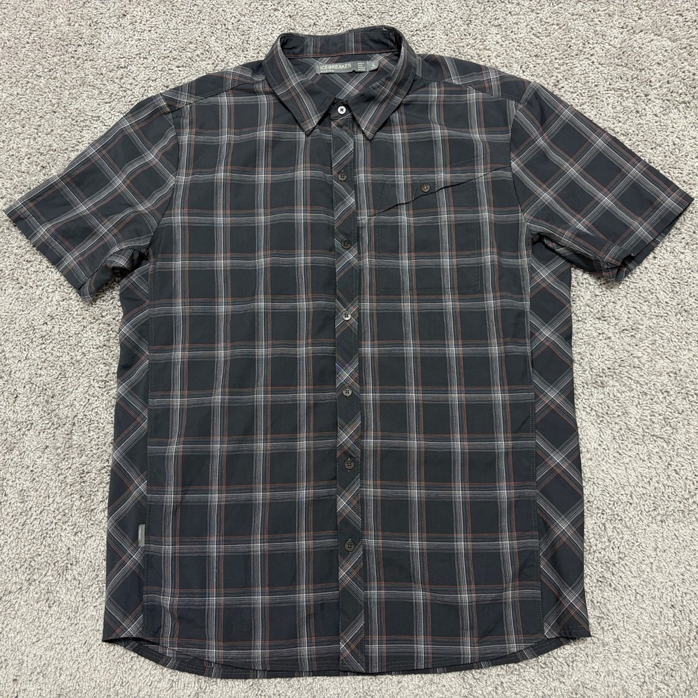 ICBREAKER Merino Shirt Short Sleeve Button Up Wool Gray Plaid Outdoor Men Large - Picture 2 of 16